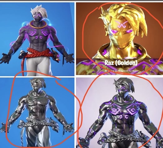 Glyph Master skins with red circles pointing out glitches