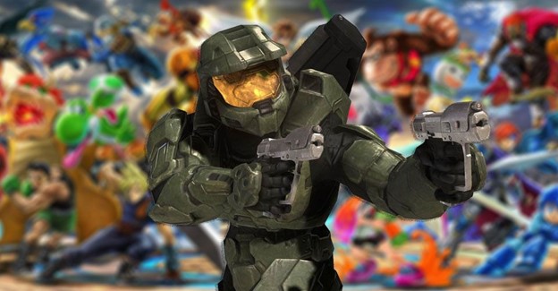A picture of Master Chief from the Halo series in front of blurred out image from Super Smash Bros Ultimate